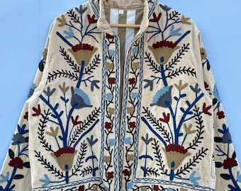 Suzani Embroidery Cotton Velvet Jacket, Kimono Jacket Handmade Soft TNT Fabric Jacket, Women's Clothing Coat Boho Jacket Spring Gift for Her