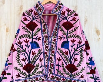 Chaqueta de terciopelo de algodón con bordado Suzani, chaqueta tipo kimono hecha a mano en tela TNT suave, abrigo bohemio para mujer, regalo de primavera para ella.