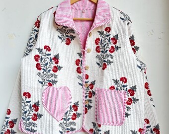 Giacca in cotone indiano, giacca in cotone trapuntato, giacca fatta a mano, giacca da donna, cappotto boho, giacca floreale, cappotto con stampa a blocchi