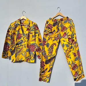 Block Printed Cotton Pajamas Set, Shirt And Trouser Pajama Set, Soft Cotton Lounge Wear, Floral Print PJ Set, Women&#39;s Pajama&#39;s