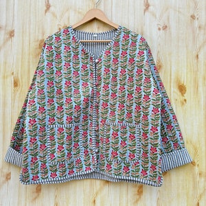 Cotton Women&#39;s Quilted Jacket Block Printed Boho Style Quilted Handmade Jackets, Coat Holidays Gifts Button Closer Jacket for Women Gifts