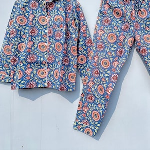 Floral Printed Cotton Pajama Set, India Handmade, Long Pajama Set, Night Wear Cotton Set, Luxury Pajama SeTt ,Women&#39;s Wear