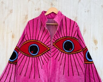 Pink Suzani Cotton Velvet Evil Eye Embroidered Jacket Halloween Gifts For Women's New Year Winter Coat ,Gift For Her