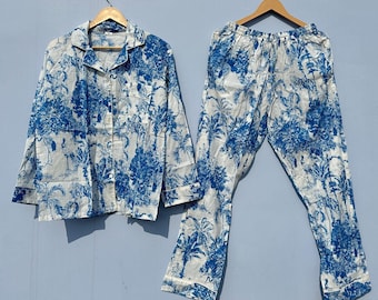 Block Printed Cotton Pajamas Set, Shirt And Trouser Pajama Set, Soft Cotton Lounge Wear, Floral Print PJ Set, Women&#39;s Pajama&#39;s