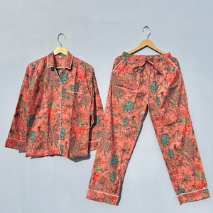 Hand Block Print Pajamas, Floral Pure Cotton Pj&#39;s, Pajamas Set ,Indian Cotton,Night Wear, Soft Cotton Night Suit,Gift for her,Bridesmaid Set