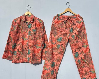 Hand Block Print Pajamas, Floral Pure Cotton Pj&#39;s, Pajamas Set ,Indian Cotton,Night Wear, Soft Cotton Night Suit,Gift for her,Bridesmaid Set