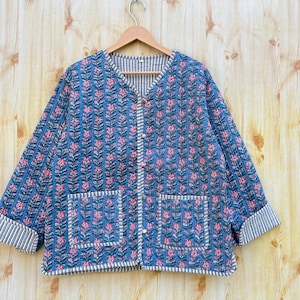 Organic Quilted Indian Cotton Jacket Reversible Block Print Fabric , Blue Warm Jacket Quilted Jacket Boho New Style Jacket Gift For Her