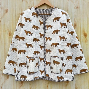 Cotton Quilted Jacket Women Wear Front Open Kimono Jacket Tiger Block Print Jacket Stripe Piping Reversible Coat Boho New Style
