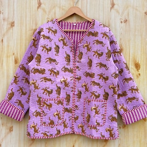 Reversible Tiger Print hand block print cotton quilted jacket coat Jacket, Cotton Sari Coat, Short Jacket