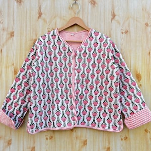 Hand Block Print Floral Cotton Jacket Reversible Stripe Piping Short Coat Handmade Winter Quilted Coat Bohemian New Jacket
