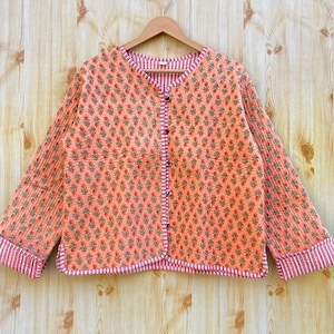 Cotton Women&#39;s Quilted Jacket Block Printed Boho Style Quilted Handmade Jackets, Coat Holidays Gift, Coat New Style, Boho double side wear