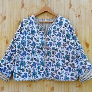 Organic Quilted Indian Cotton Jacket, Reversible Block Print Jacket, Blue Warm Jacket Quilted Jacket, Boho New Style Jacket, Gift For Her