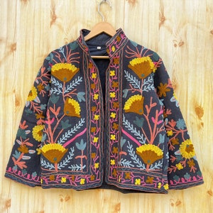 Black Handmade Suzani Embroidery Jacket,Winter Wear Jacket Coat,Womens coat,Suzani short jacket,TNT fabric suzani,Robe.