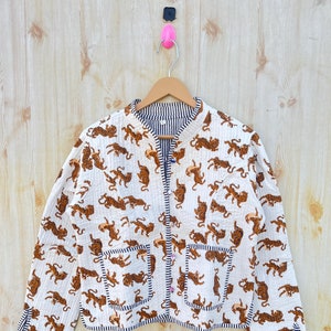Tiger Print Collar Jacket Cotton Quilted Coat, Women Indian Fashion, Reversible Vintage Coat, Party Wear Jacket,Gift for Her