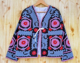 Handmade Suzani Embroidery Jacket, Winter Wear Jacket Coat, Womens Coat, Suzani Short Jacket, TNT Fabric Suzani Jacket, Robe, Gift For Her