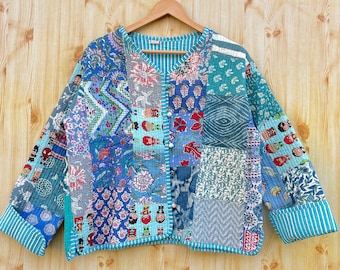 Patchwork Cotton Quilted Jacket Bohemian Winter wear Coat Reversible Short Jacket For Women's Handmade Stripe Piping Coat Boho New Style