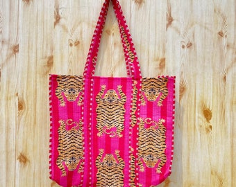 Sac Cabas En Coton Imprimé Tigre - Orange Et Rose - Fait Main Inde - Grand Format