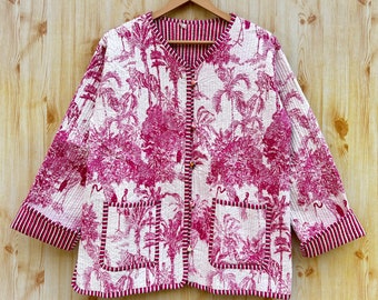 Cotton Quilted Jacket Women Wear Front Open Kimono Stripe Piping Handmade Vintage Quilted Jacket,Coats,New Style,Boho Double Side Wear.