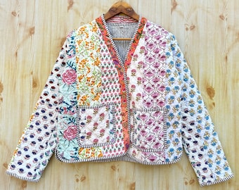 Chaqueta de patchwork de algodón de nuevo estilo con chaqueta acolchada de algodón de cuello, chaqueta de mujer, chaqueta reversible, chaqueta de parches largos, chaqueta para ella