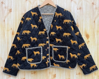 New Tiger Print Kimono Style Jacket Short Jacket For Women Coat Reversible Burfi Quilted Coat Black Jacket Block Printed Boho Style Jacket