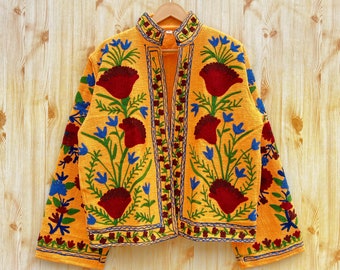 Dark Orange Handmade Suzani Embroidery Jacket, Winter Wear Jacket Coat, Womens Coat, Suzani Short Jacket, TNT Fabric Suzani Jacket, Robe