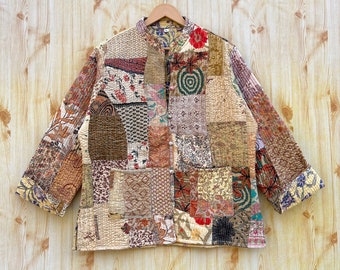 Patchwork Cotton Quilted Jacket Bohemian Winter wear Coat Reversible Short Jacket For Women's Handmade Stripe Piping Coat Boho New Style