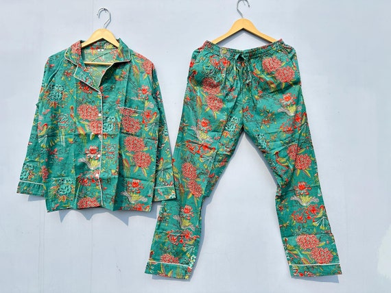 Beautiful Cotton Pajama Set, Indian Handmade PJ Set, Floral Printed Pajama Set, Lightweight Pajama Set, Gifts For Her.