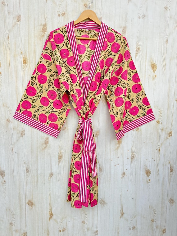 Kimono indiano de algodão floral feito à mão, vestido longo