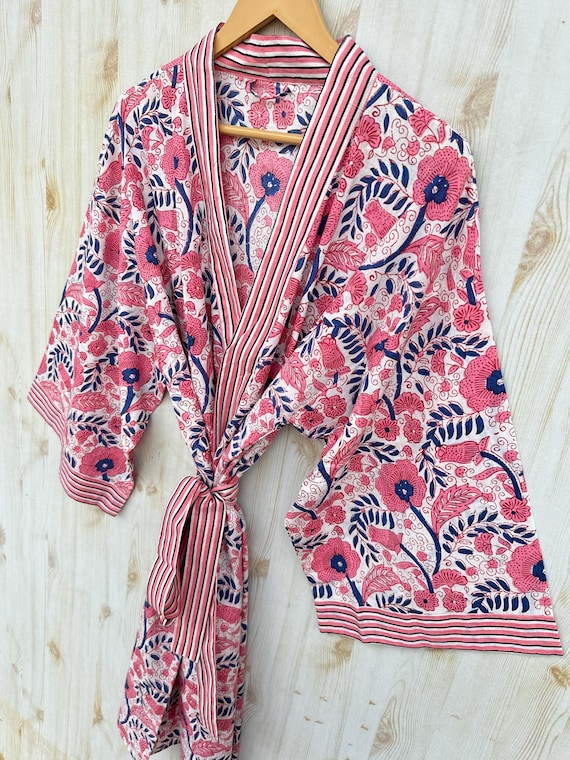 White And Pink Floral Print Handmade Kimono Unisex Clothing Robe ,bathrobe Lounge Wear Cotton Soft And Comfortable Kimono Robe Pure Cotton