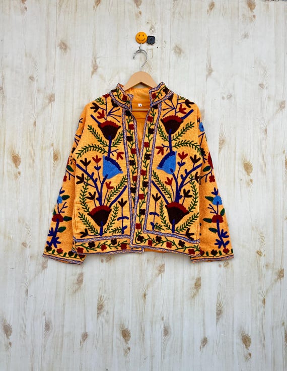 Dark Orange Handmade Suzani Embroidery Jacket, Winter Wear Jacket Coat, Womens Coat, Suzani Short Jacket, TNT Fabric Suzani Jacket, Robe