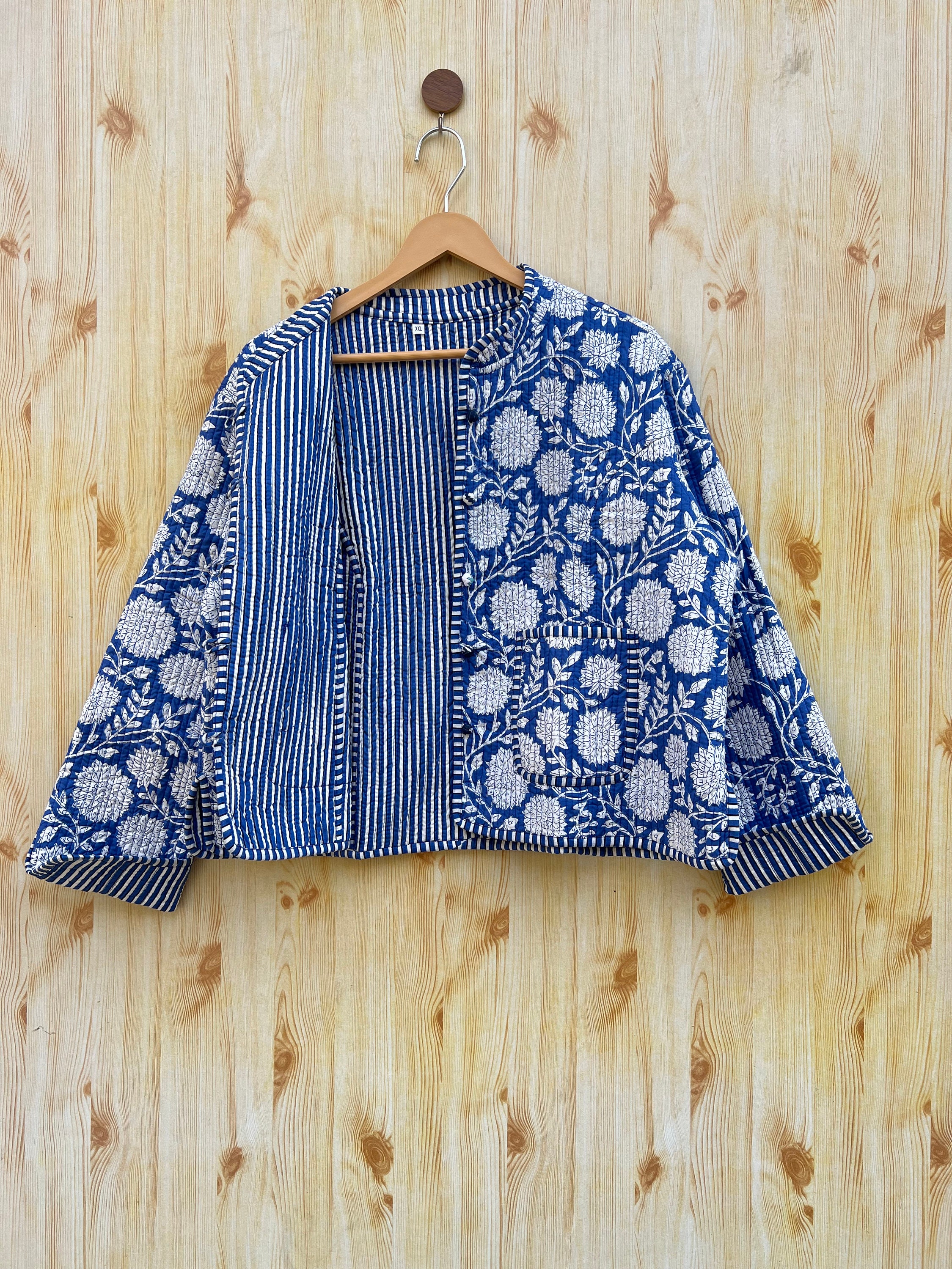 Reversible Cotton Block Print Jacket Stripe Piping Indian Handmade