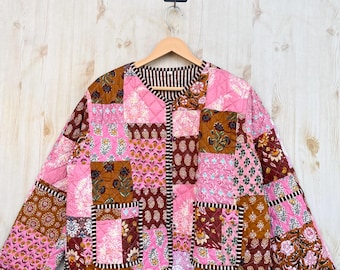 Indian Handmade Patchwork Cotton Quilted Jacket, Vintage Peach New Style Cotton Quilted Jacket, Reversible Women's Boho Coat, Gift for Her