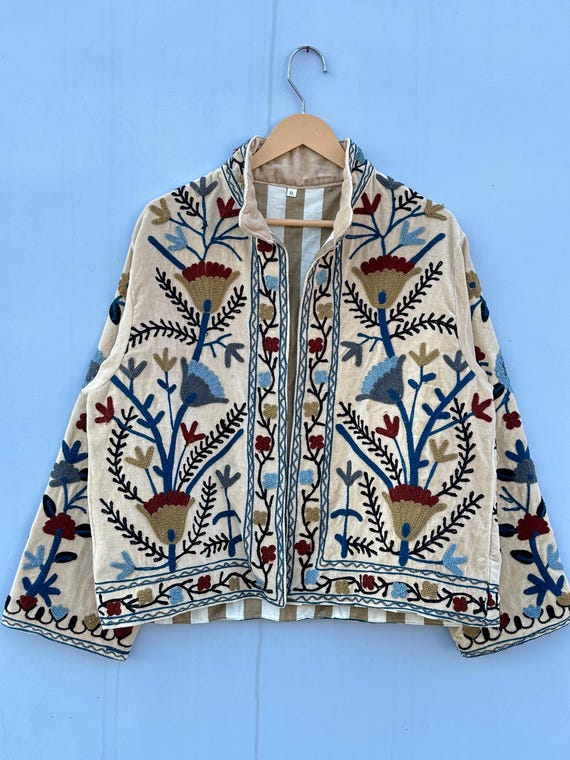 Suzani Embroidery Cotton Velvet Jacket, Kimono Jacket Handmade Soft TNT Fabric Jacket, Women's Clothing Coat Boho Jacket Spring Gift for Her