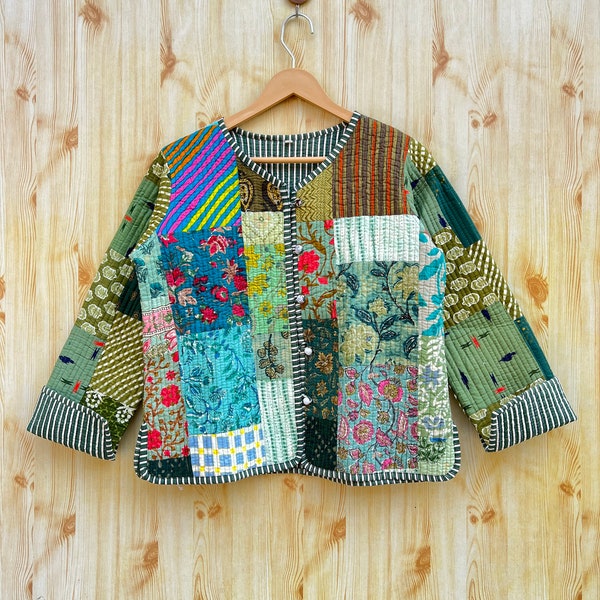 Handmade patchwork jacket,Hand stitched quilted cotton jacket,hand crafted organic cotton clothing,long sleeve jacket,reversible jacket.