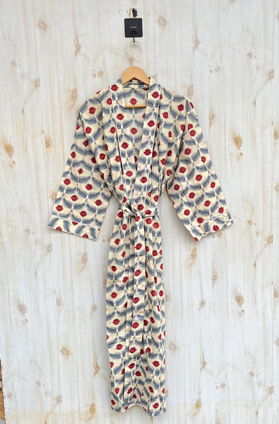 Cotton Kimono Robe Dressing Gown, Block Print Bridesmaid Robe, Summer Nightwear,One Size