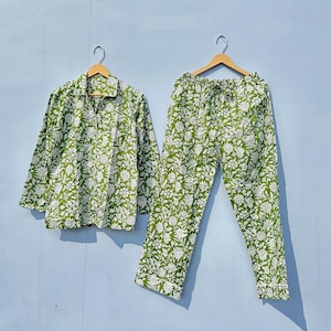 Hand Block Print Pajamas, Floral Pure Cotton Pj&#39;s, Pajamas Set, Indian Cotton, Night Wear, Soft Cotton Night Suit, Gift for her