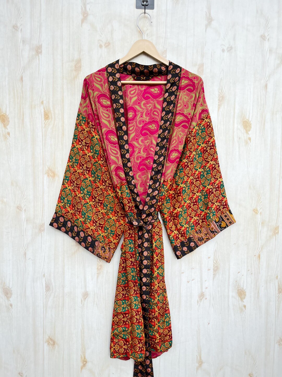 Sari Robe Traditional Poly Silk Sari Robe, Floral Print Robe, Bohemian Long ...