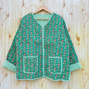 Block Print Cotton Jacket Indian Handmade Quilted Coat Reversible Short Jacket Stripe Piping Jacket Winter Fall Wear Quilted Boho Coat&#39;s