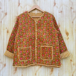 Veste matelassée en coton pour femmes, imprimée en bloc, style bohème, vestes matelassées faites main, manteau cadeaux de vacances veste plus boutonnée pour femme cadeaux