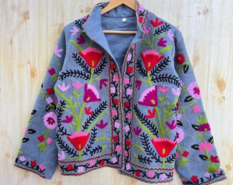Cotton Suzani Embroidery Jacket, Blue Suzani Quilted Winter Coat, Bohemian Short Jacket, Indian Handmade TNT Jacket, Jacket For Women