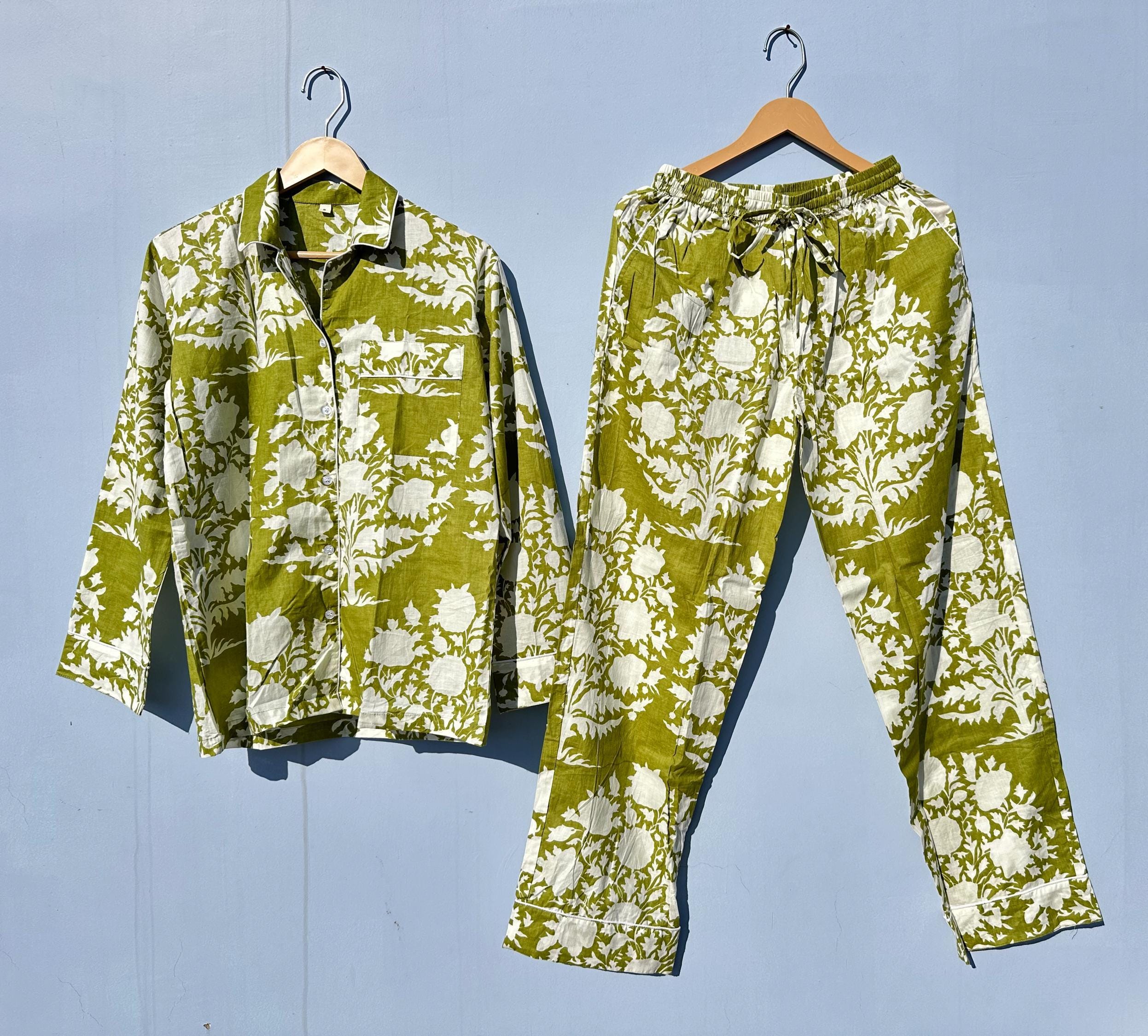 Handmade Block Print Pajama set Designer women Wear Night Suit Indian Soft Girls Wear Floral Printed Shirt and Trouser New Cotton Trendy PJS