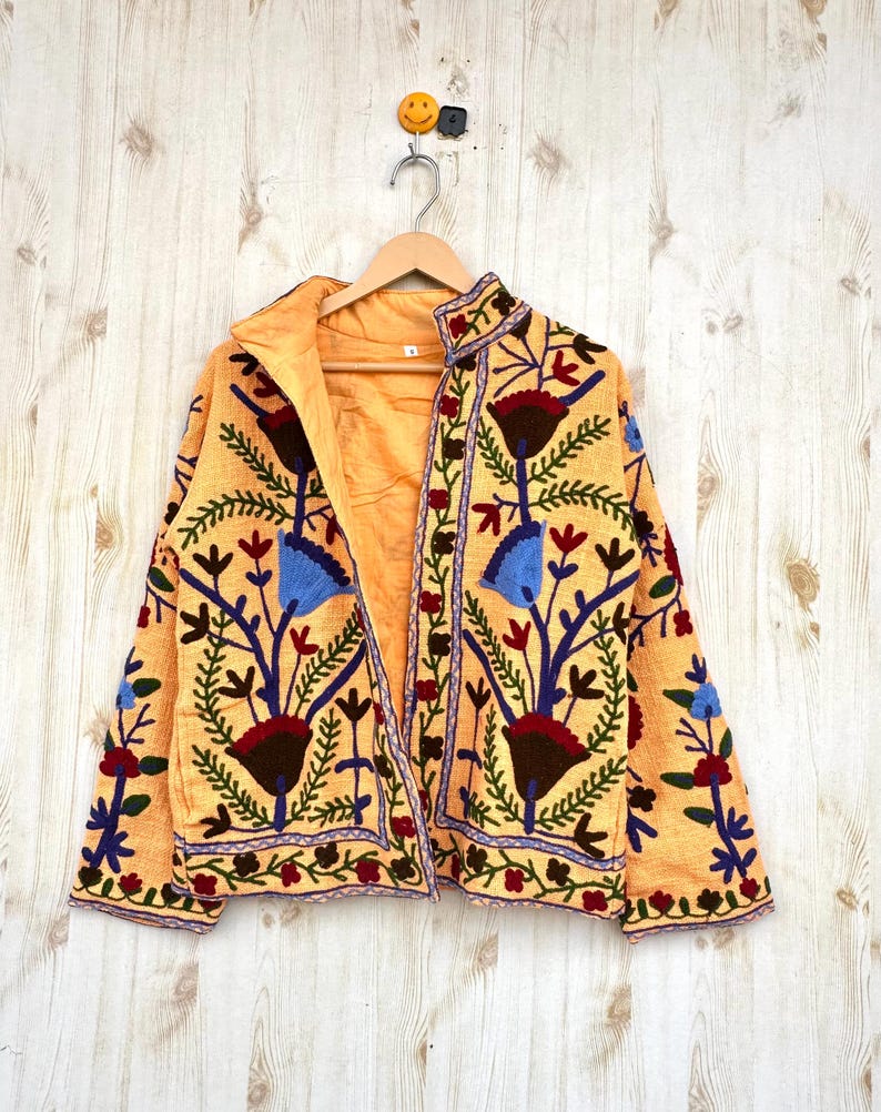 Dark Orange Handmade Suzani Embroidery Jacket, Winter Wear Jacket Coat, Womens Coat, Suzani Short Jacket, TNT Fabric Suzani Jacket, Robe image 9