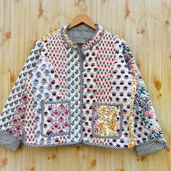 Indian Handmade patchwork vintage quilted jacket,Coats,New style,Boho,cotton jacket,Short white leaf black stripe piping.