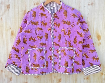 Reversible Cotton Quilt Coat, Party Wear Tiger Print Jacket, Indian Handmade Winter Coat, Bohemian Kantha Jacket, Wedding Gifts