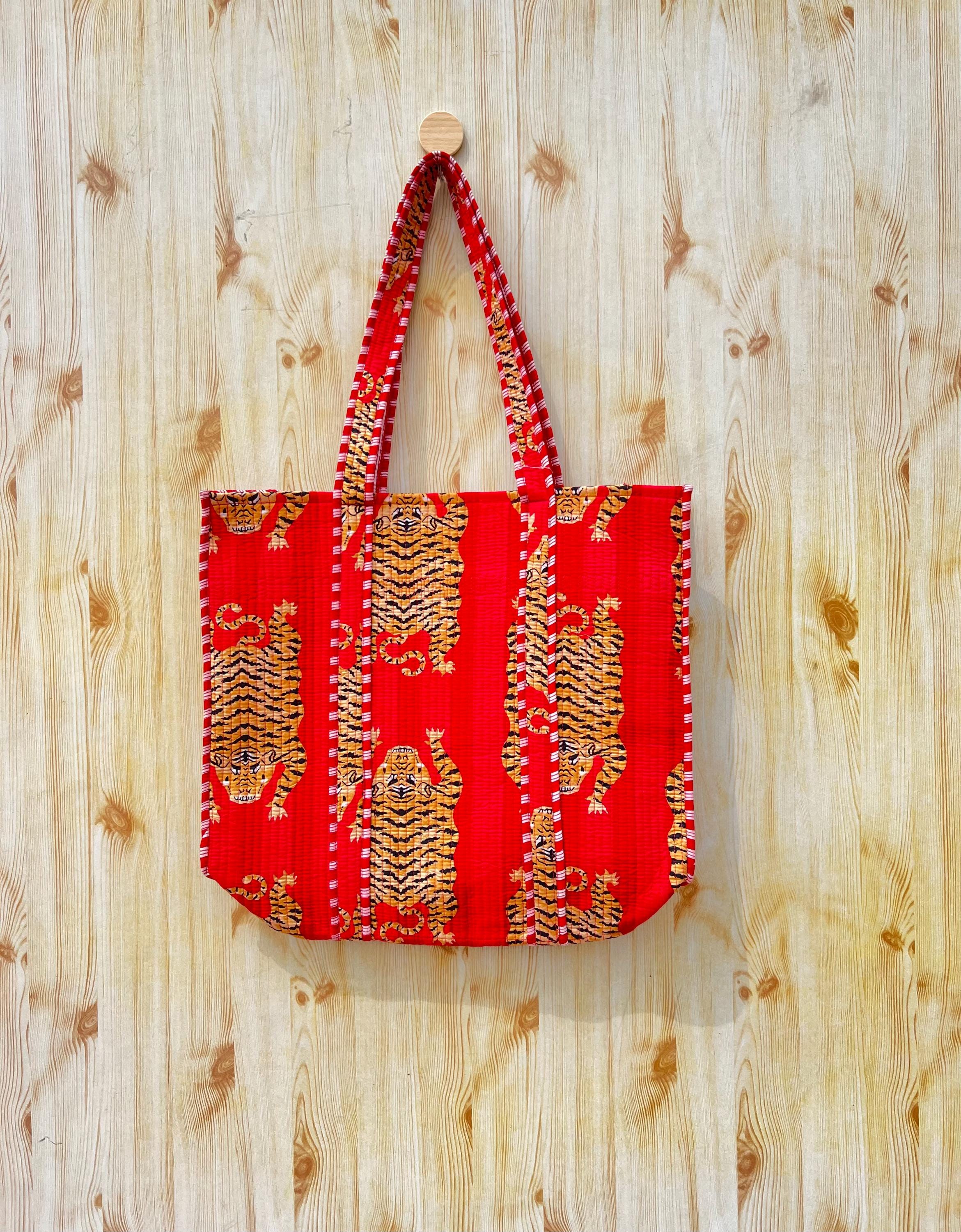 Handmade Quilted Cotton Tiger Print Reversible Tote Bag - Hippie Boho Shopper