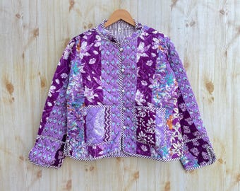 Cotton Patchwork Jacket With Collar, Quilted Jacket, Jacket With Matching Pocket And Strip, Pink Patchwork Jacket, Bomber Style Jacket