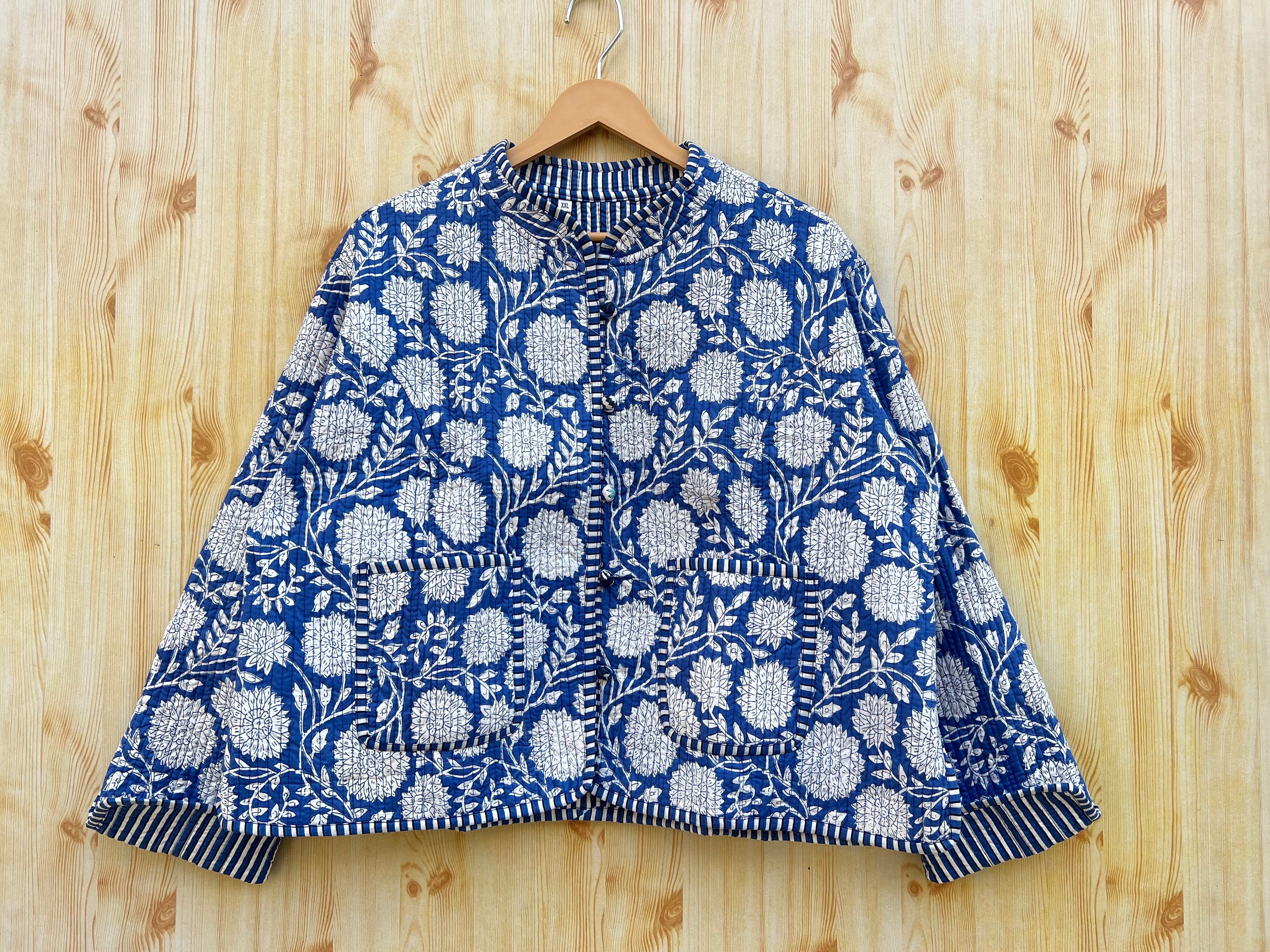 Reversible Cotton Block Print Jacket Stripe Piping Indian Handmade