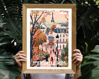 Montmartre Travel Print | Vintage Paris Poster | Eiffel Tower Illustration | France Wall Art | Travel Gift for Her | Romantic Home Decor