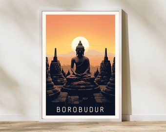 Borobudur Vintage Travel Poster | Indonesia Travel Print | Borobudur Illustration | Java Travel Print | Borobudur Wall Art | Home Decor