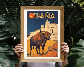 Spain Travel Poster: Vintage Bull, Pueblo Blanco Art (Digital File & Physical Print)